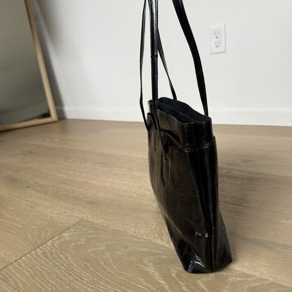 Vintage Genuine Eel Skin Leather glossy ribbed Black Shoulder Bag Purse - Picture 3 of 8